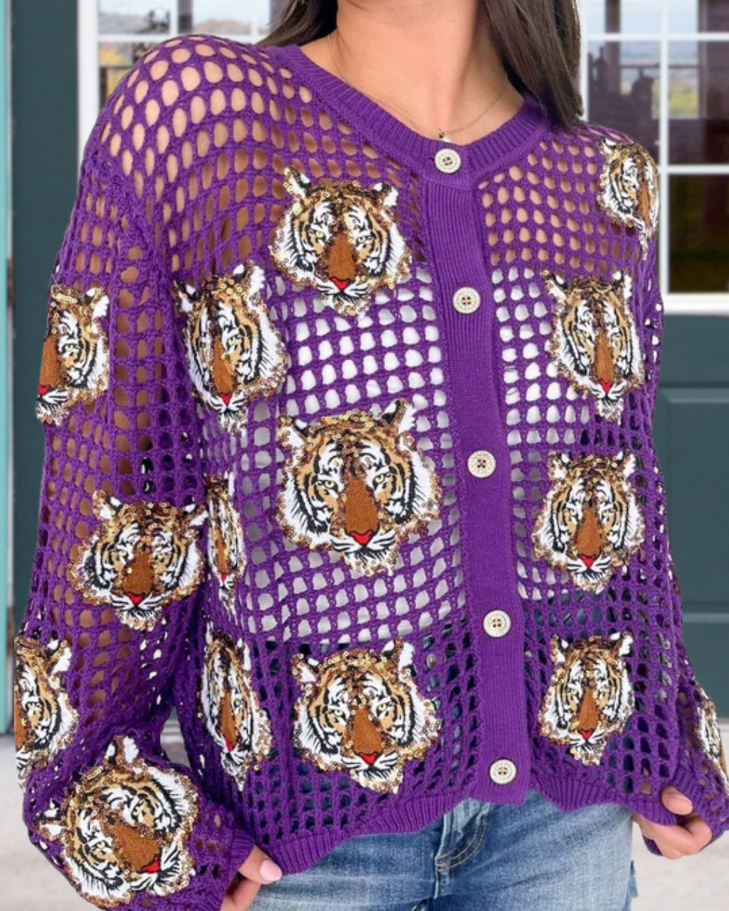 Game Day Tiger-Head Crochet Sequin Top