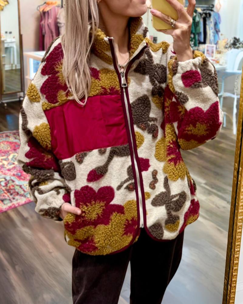 Floral Zipper Stand Collar Jacket