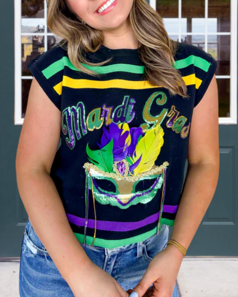 Mardi Gras Mask Sequin Top