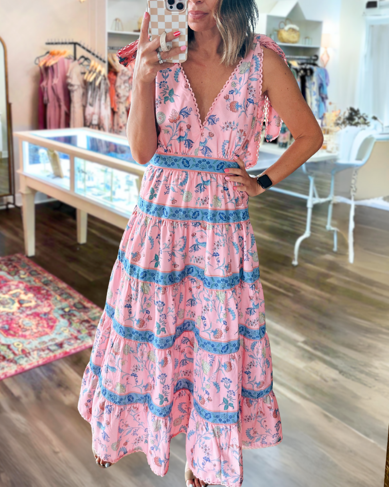 Floral Striped V-Neck Backless Midi Dress