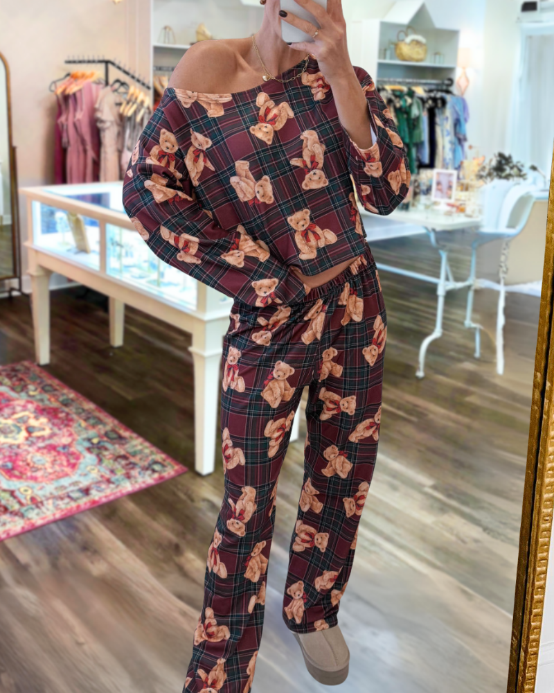 Teddy Bear Plaid Off-Shoulder Set