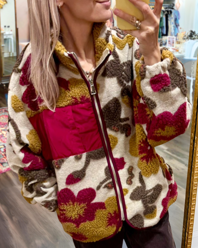 Floral Zipper Stand Collar Jacket