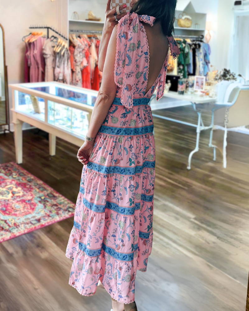 Floral Striped V-Neck Backless Midi Dress