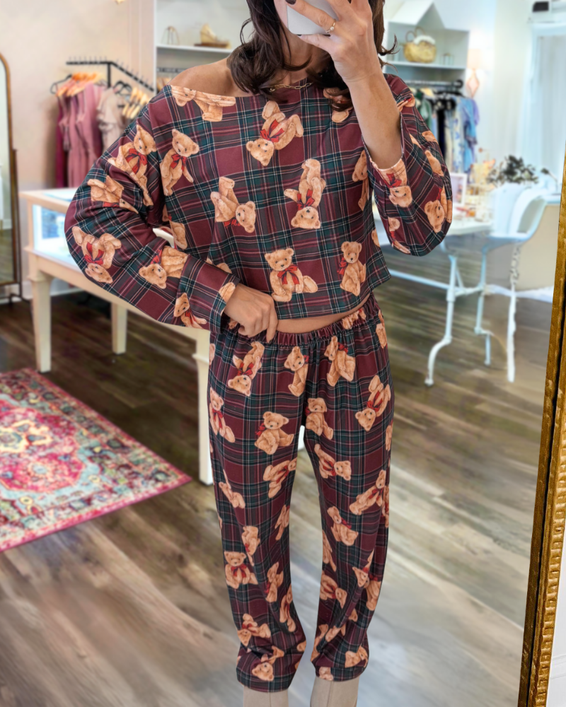 Teddy Bear Plaid Off-Shoulder Set