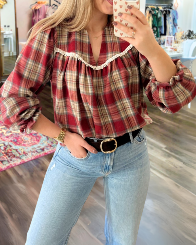 Chic Plaid Lace V-Neck Top