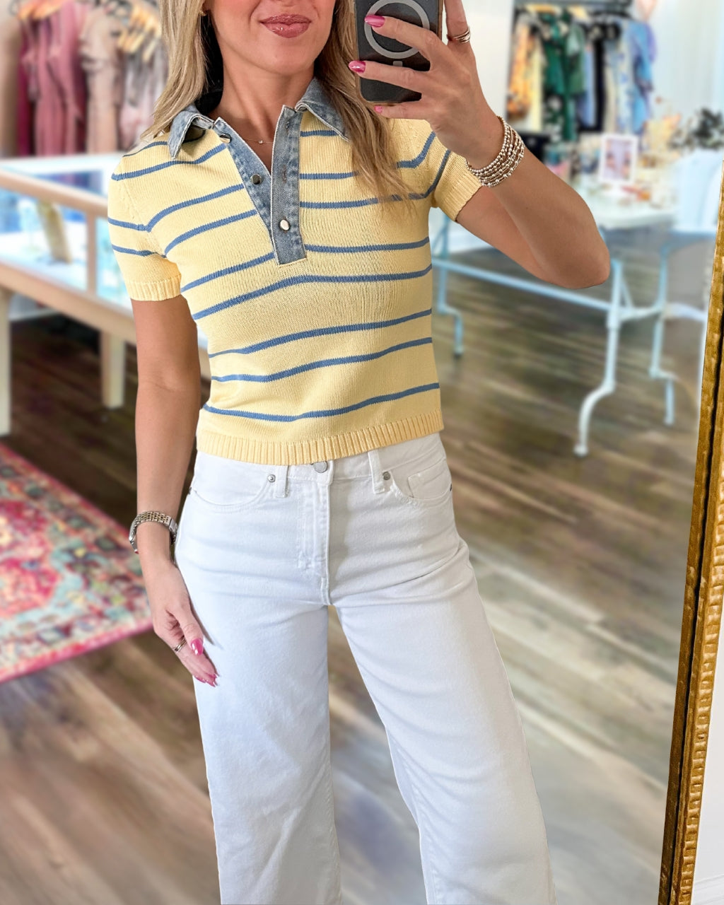 Denim Patchwork Collar Striped Top
