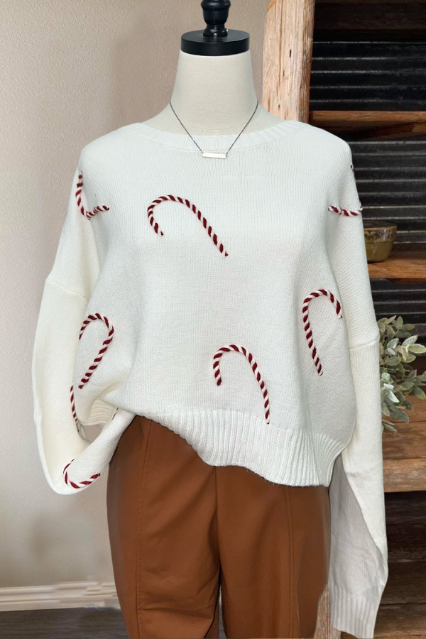 Candy Cane Decorated Rope Knitted Sweater