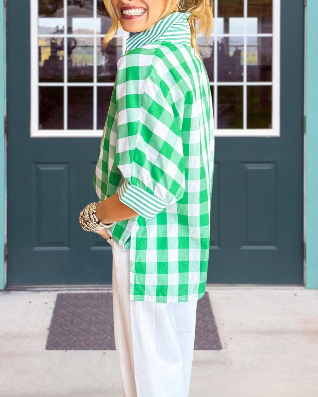 Striped-trimmed V-neck Plaid Top
