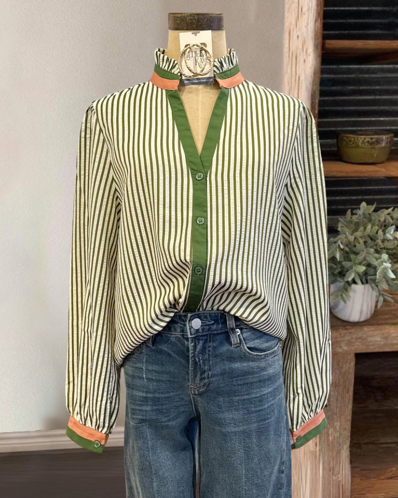 Chic Striped Contrast V-Neck Blouse