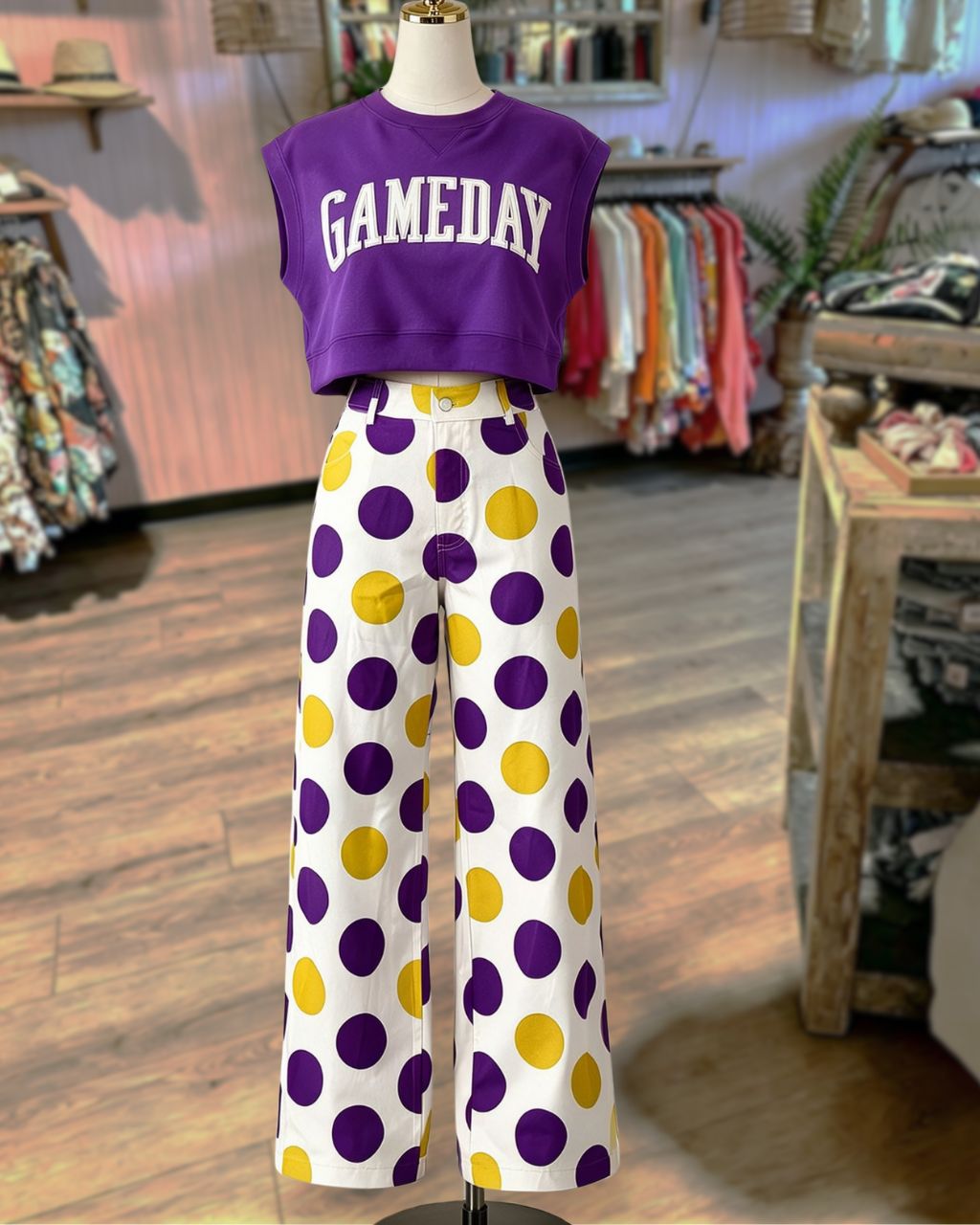 Game Day Purple Gold Polka Dot Printed Pants