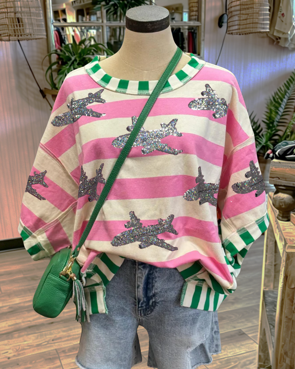 Airplane Sequin Contrast Striped T-shirt