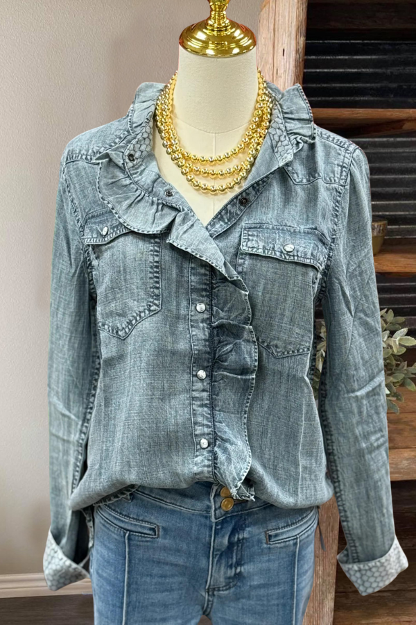 Ruffle Distressed Denim Shirt