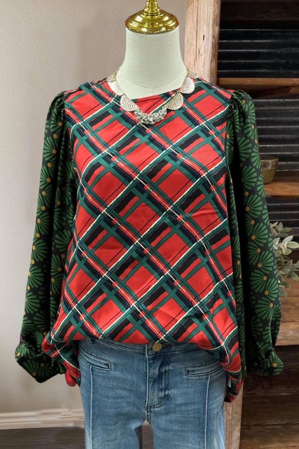 Floral Puff Sleeve Plaid Patchwork Top