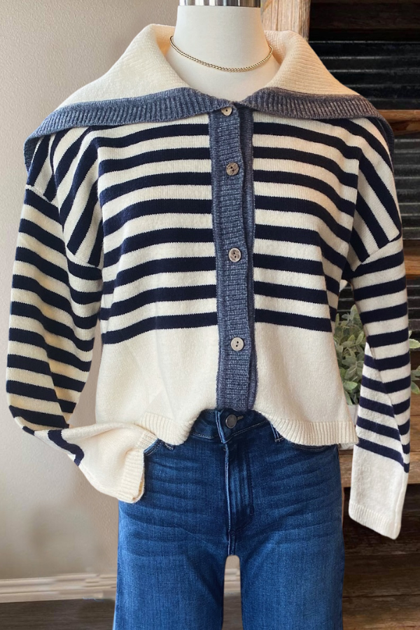 Striped Collar Shawl Cardigan Sweater