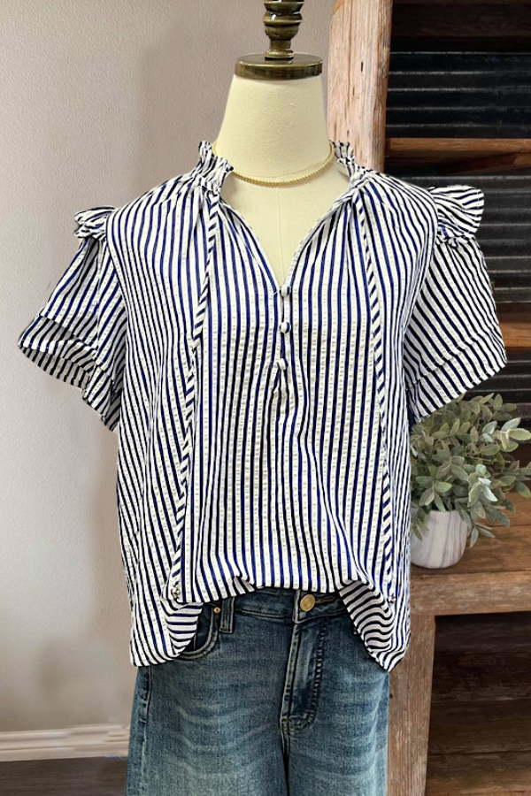 Leisurely Striped Pleated Ruffle Top