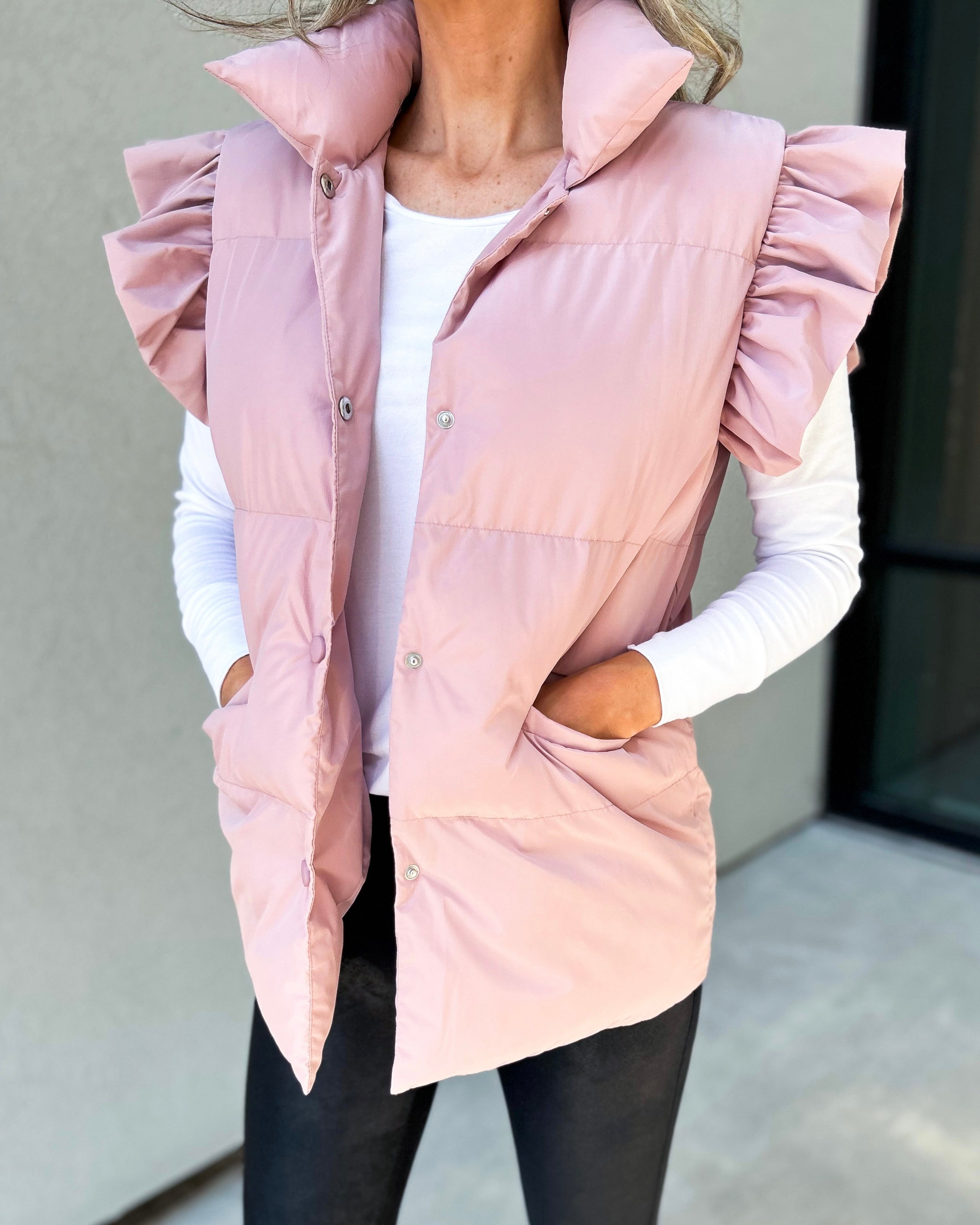 Ruffled Sleeve Quilted Puffer Vest