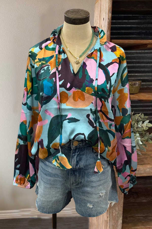 Teal Abstract Floral Blouse