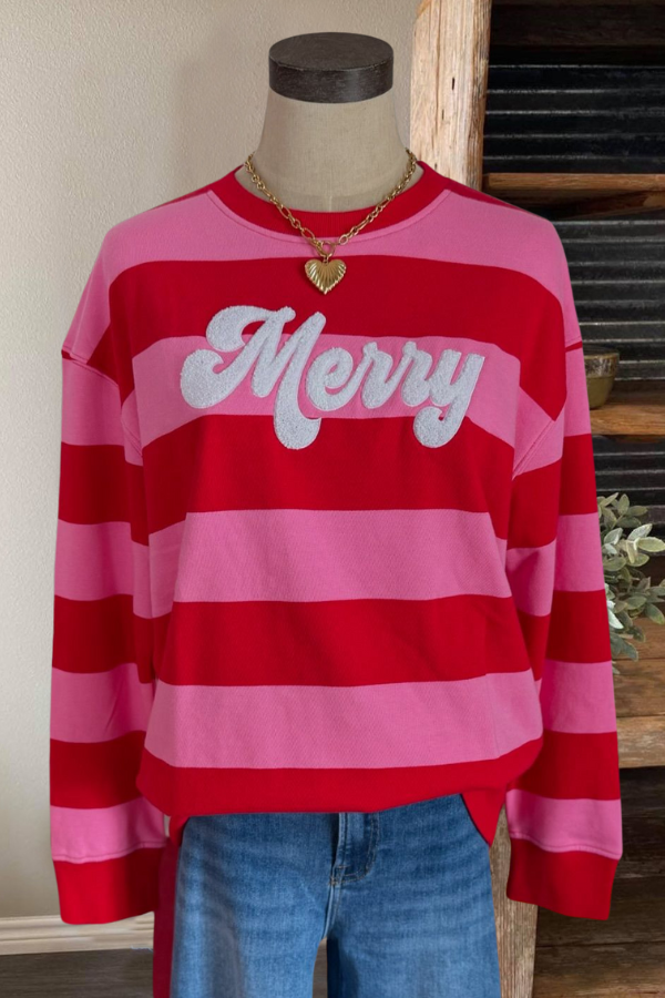 Merry Christmas Embroidered Stripe Sweatshirt