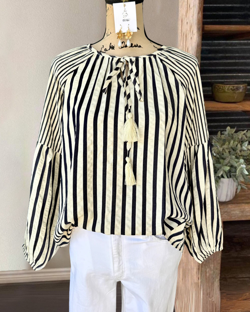 Chic Striped Tassel Tie-Neck Top