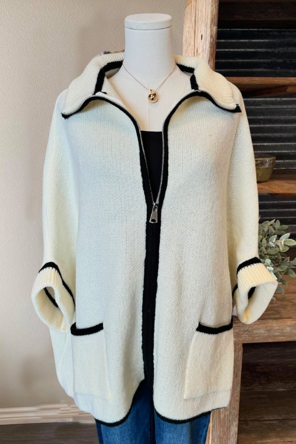 Colorblock Trim Zipped Knitted Jacket