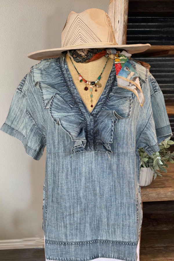 Flowy Ruffle Denim V-Neck Top