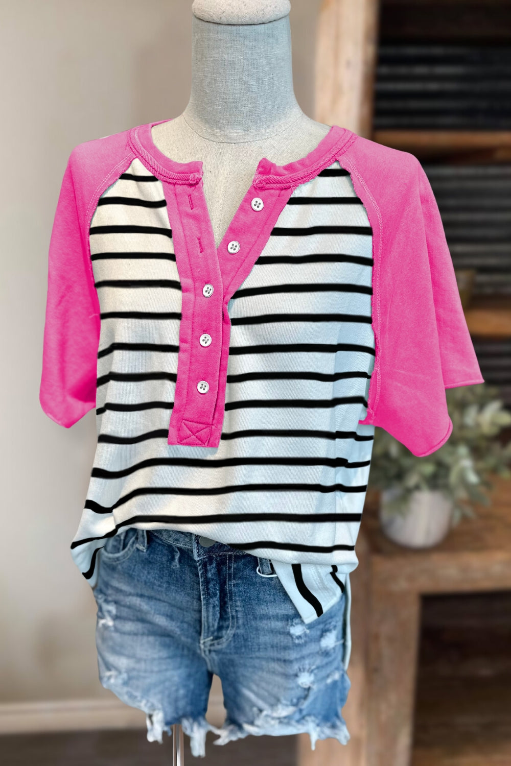 Striped Color Block Henley Top