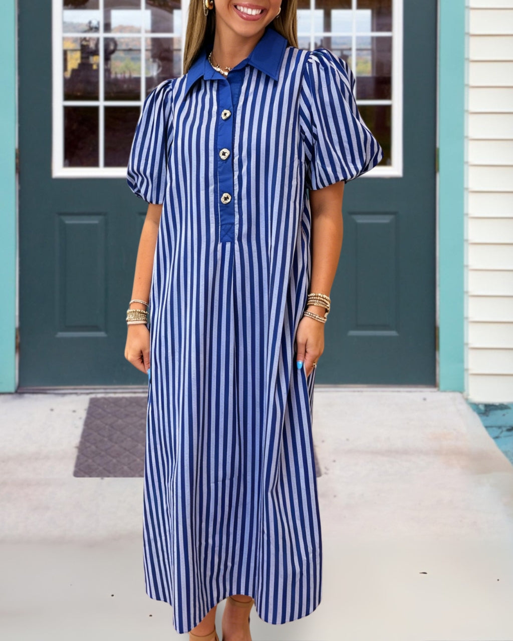Stylish Puff Sleeves Striped Maxi Dress