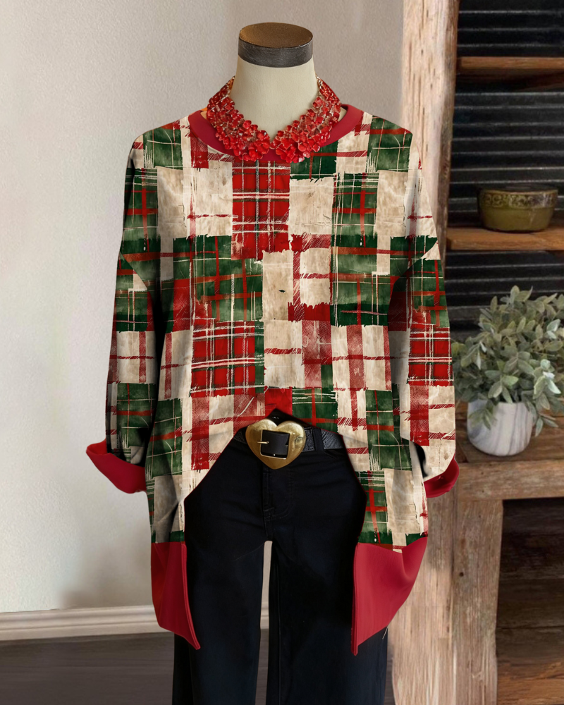 Christmas Plaid Crew Neck Top