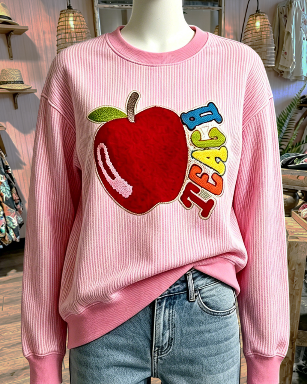 Teach Apple Embroidered Striped Sweatshirt