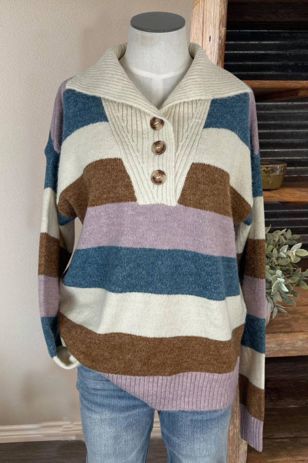 Loose Striped Lapel Button Sweater