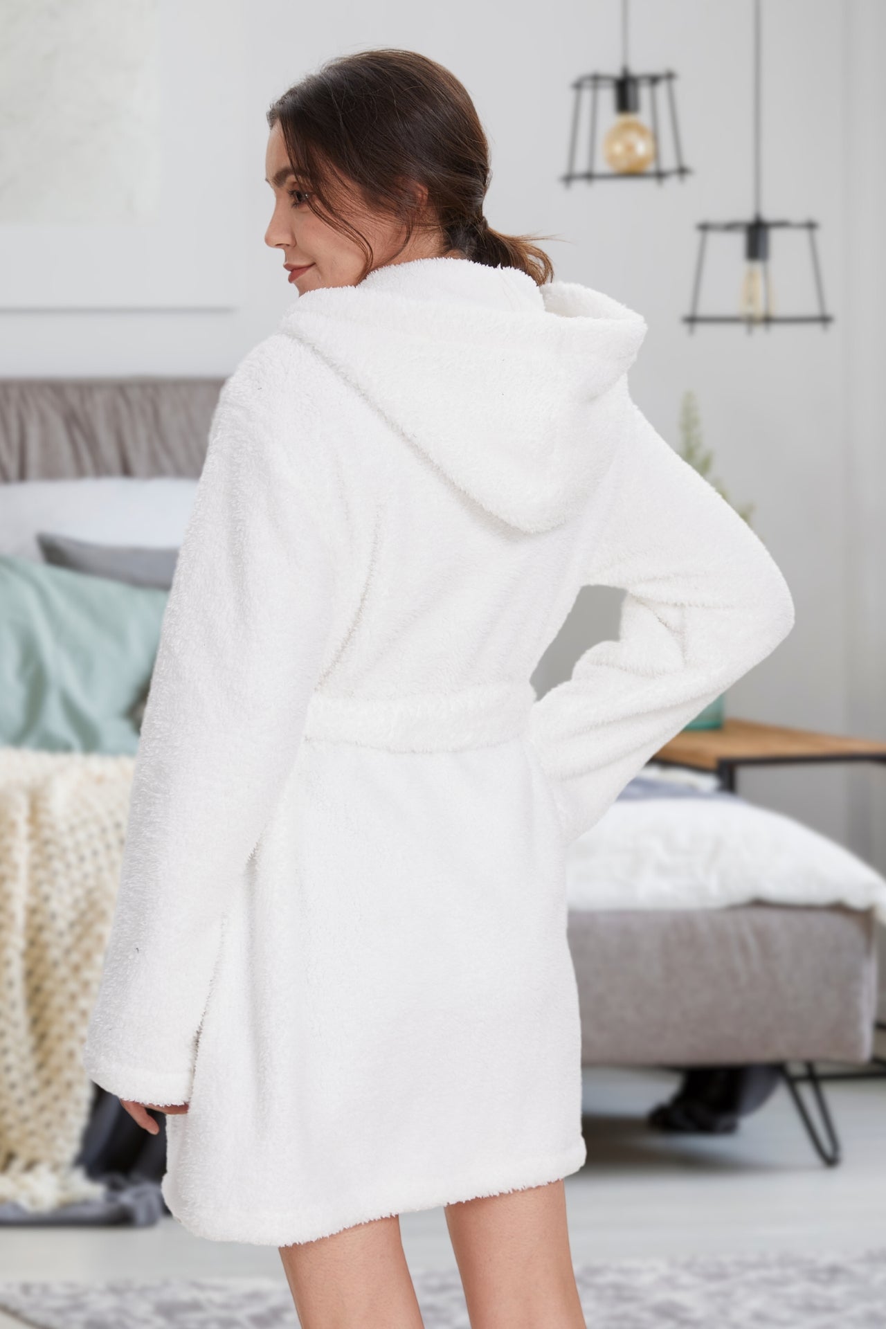 Plush Hooded Lounge Robe White