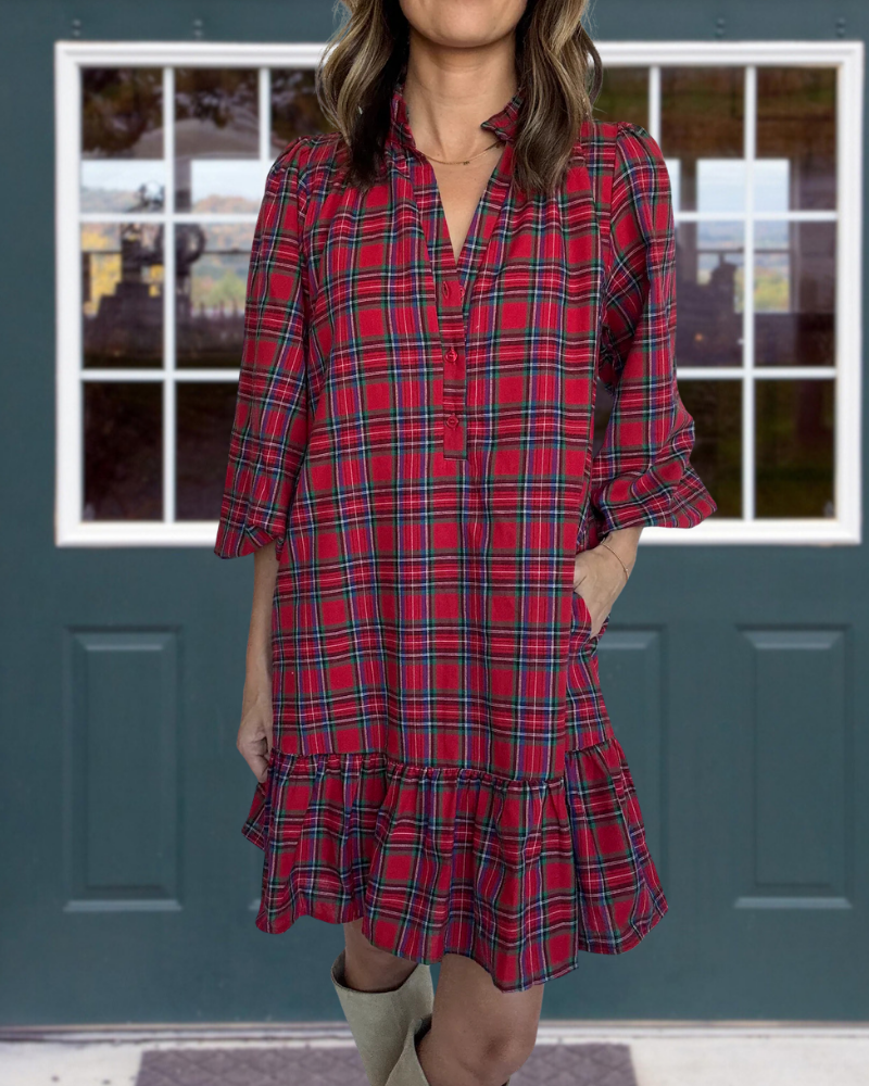 Ruffled V-Neck Half-Button Mini Dress