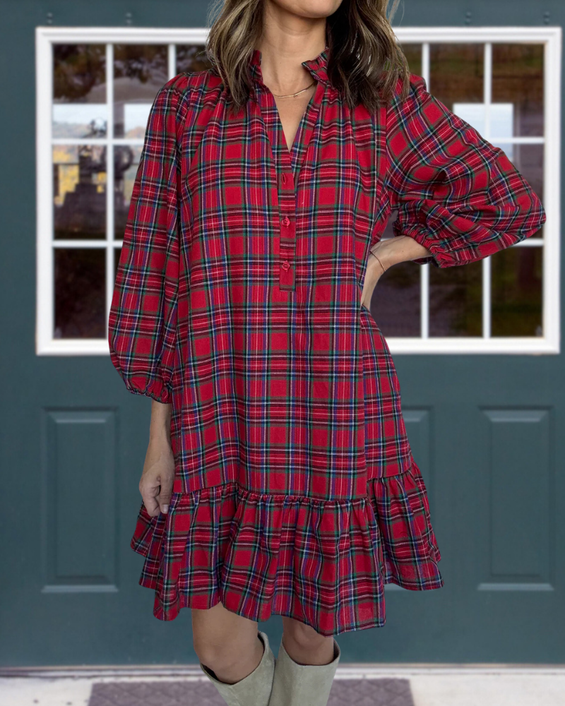 Ruffled V-Neck Half-Button Mini Dress