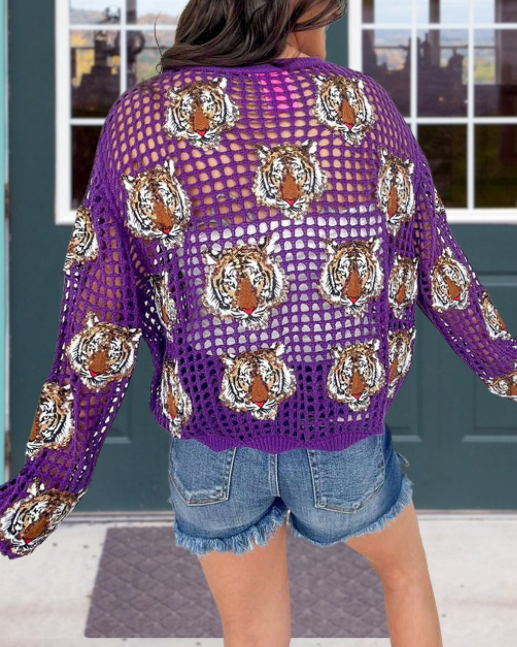 Game Day Tiger-Head Crochet Sequin Top