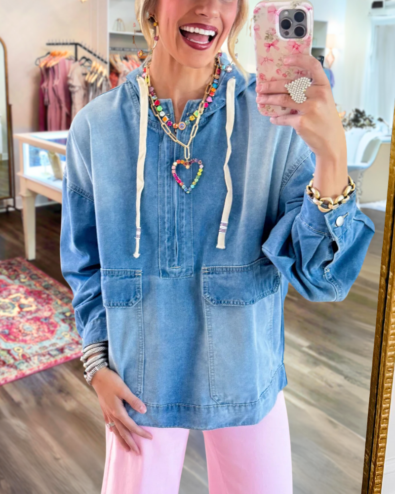 Casual Half-Zip Denim Hoodie