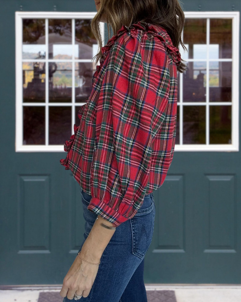 Plaid Ruffled Collar Button Blouse