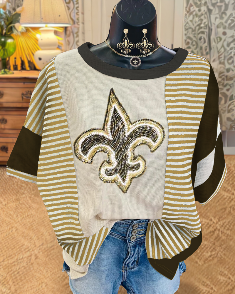 Saints Rhinestone Print Striped T-shirt