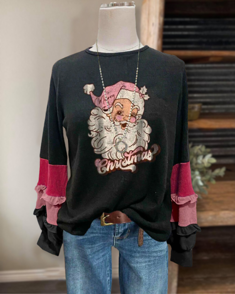 Colorblock Santa Print Top