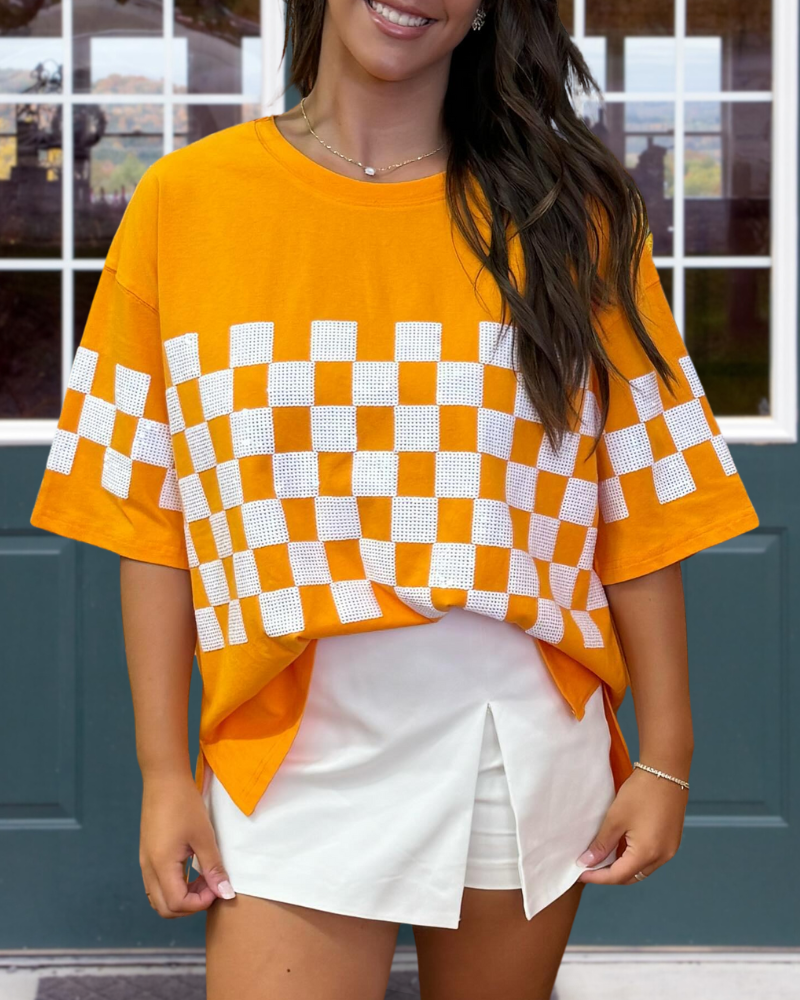 Orange Checkered Sequins Top