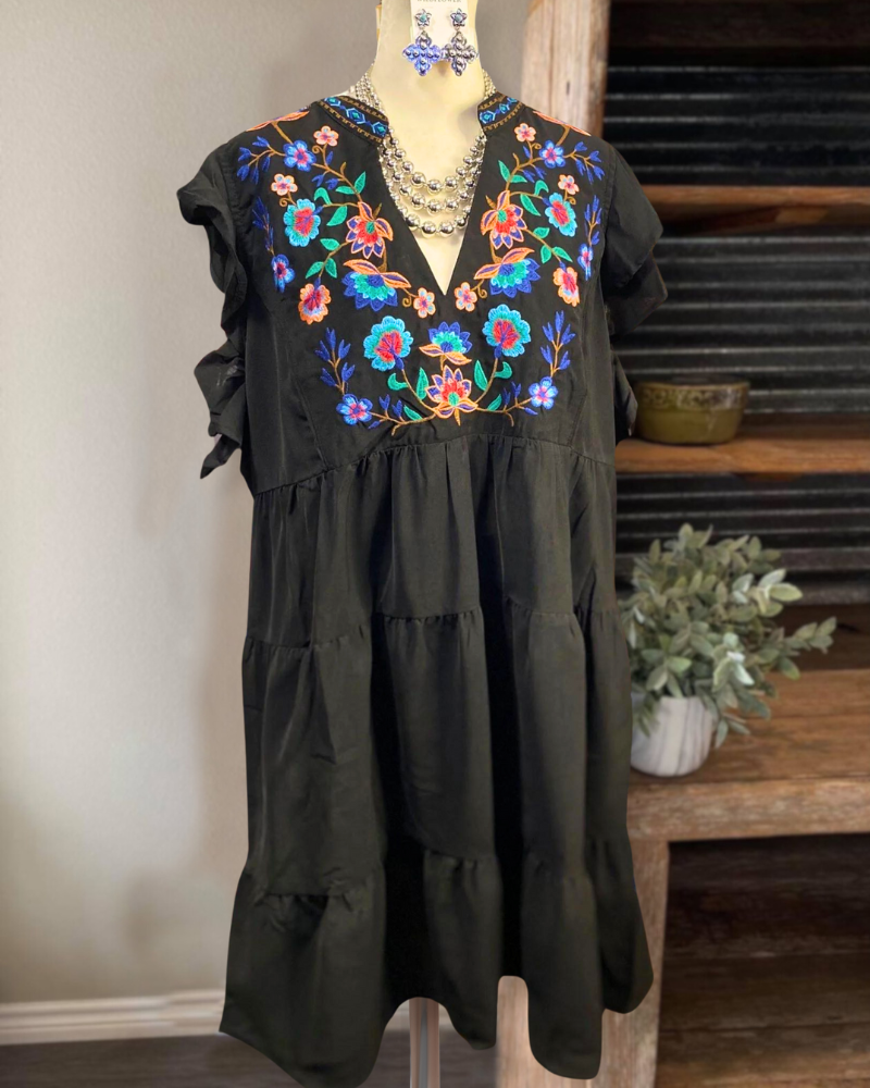 Embroidered Tiered Dress-Black