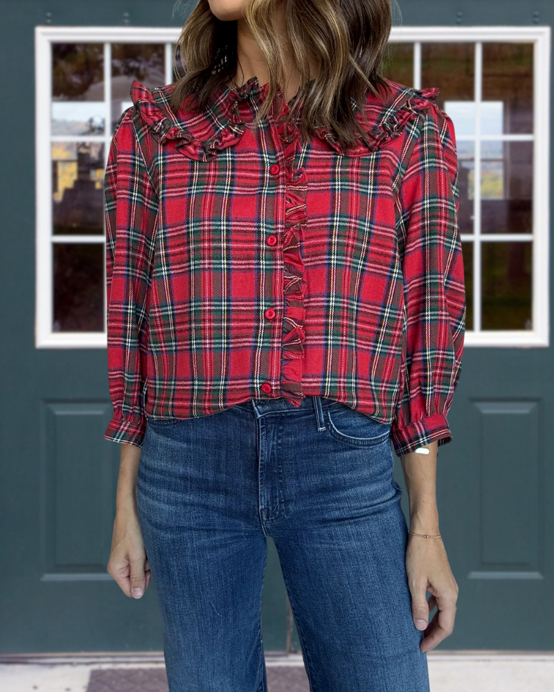Plaid Ruffled Collar Button Blouse
