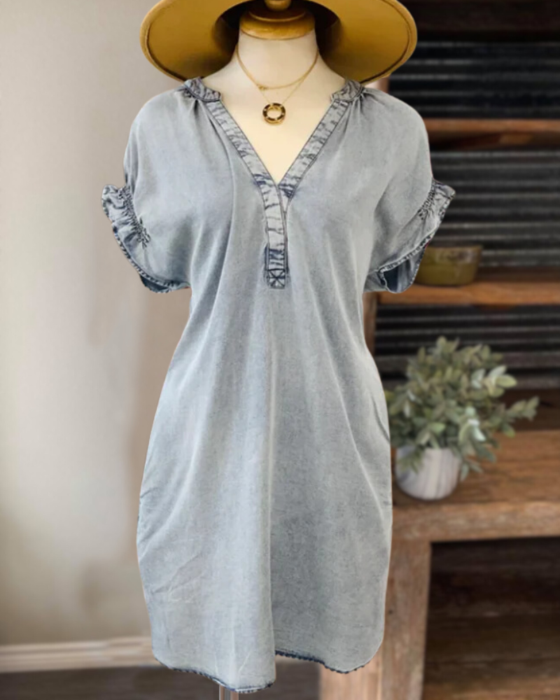 Basic Denim Dress-Light Blue