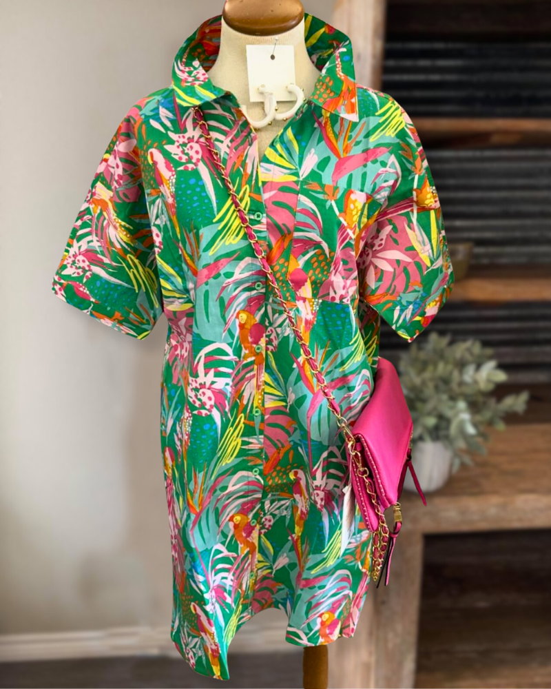 Green Tropical Shirt Dress