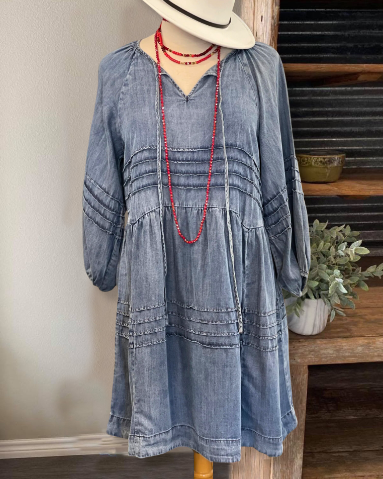 Washed Tiered Denim Midi Dress