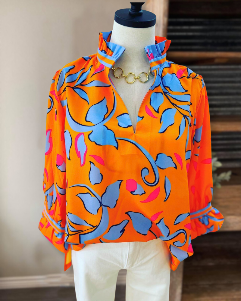 Orange Floral Ruffle Neck Top