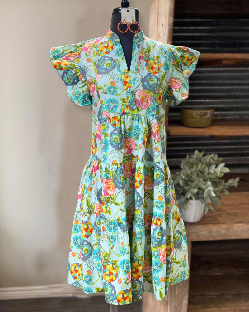 Ruffle Floral Tiered Dress-Teal