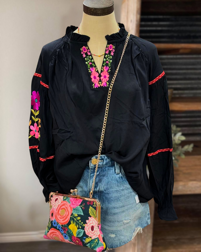 Embroidered Flower Blouse - Black