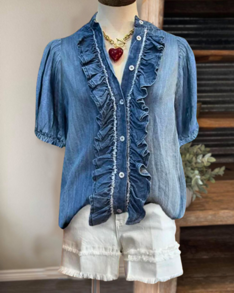 Puff Sleeve Ruffled Denim Top