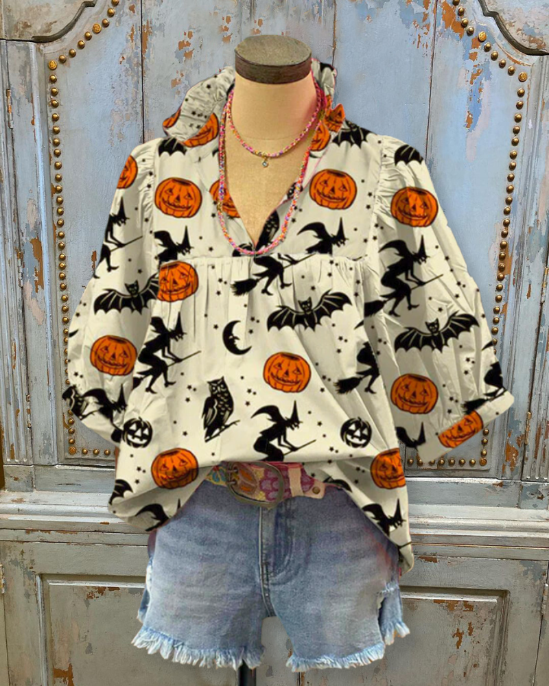 Pumpkin Print V-neck Top