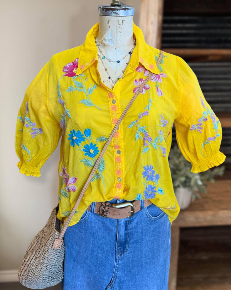 Flower Embroidery Shirt-Yellow